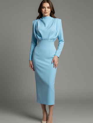Women's Long Sleeve Dress | High Neckline Midi Draped