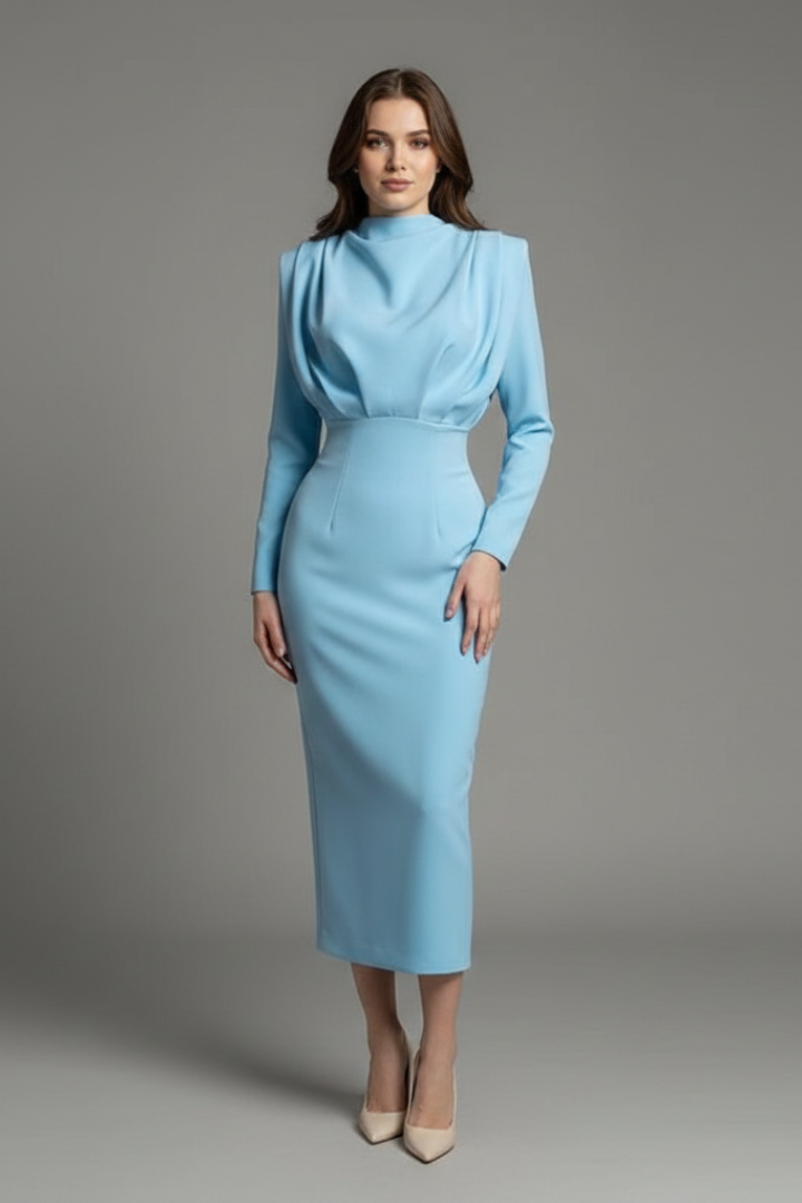 Women's Long Sleeve Dress | High Neckline Midi Draped