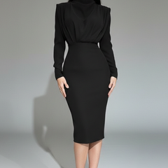 Women's Long Sleeve Dress | High Neckline Midi Draped
