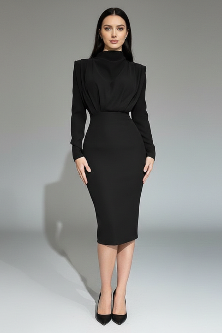 Women's Long Sleeve Dress | High Neckline Midi Draped