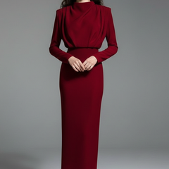 Women's Long Sleeve Dress | High Neckline Midi Draped