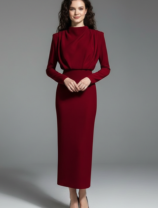 Women's Long Sleeve Dress | High Neckline Midi Draped