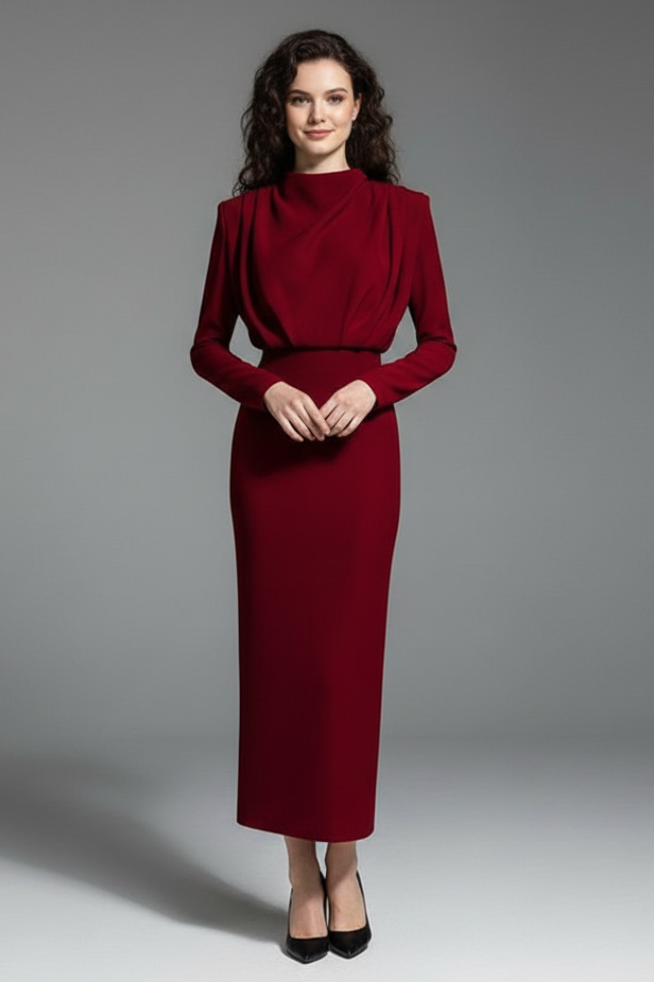 Women's Long Sleeve Dress | High Neckline Midi Draped