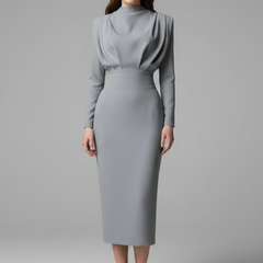 Women's Long Sleeve Dress | High Neckline Midi Draped