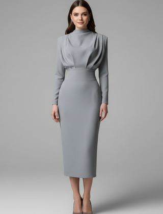 Women's Long Sleeve Dress | High Neckline Midi Draped