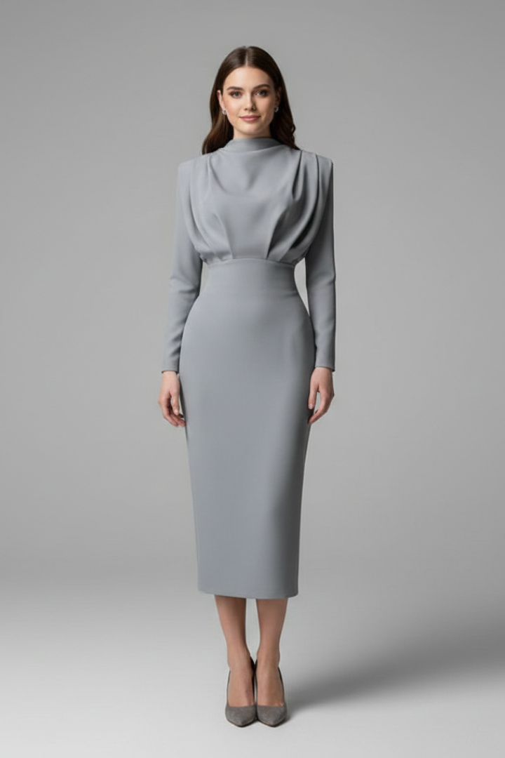 Women's Long Sleeve Dress | High Neckline Midi Draped