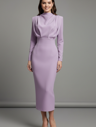 Women's Long Sleeve Dress | High Neckline Midi Draped