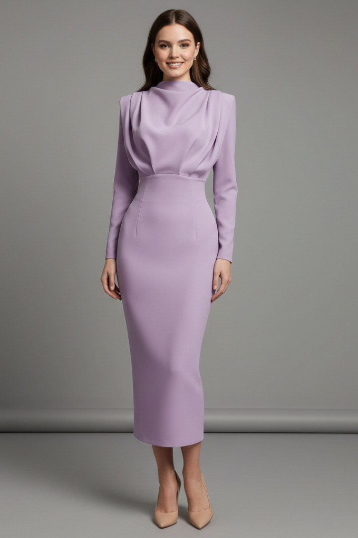 Women's Long Sleeve Dress | High Neckline Midi Draped