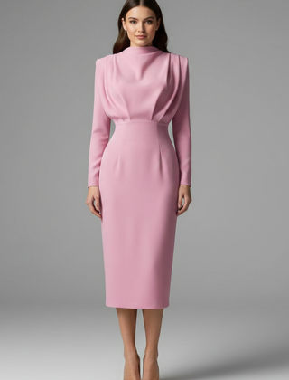 Women's Long Sleeve Dress | High Neckline Midi Draped