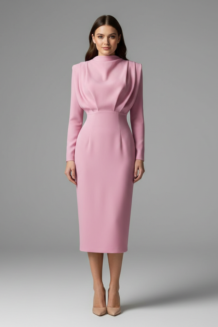 Women's Long Sleeve Dress | High Neckline Midi Draped