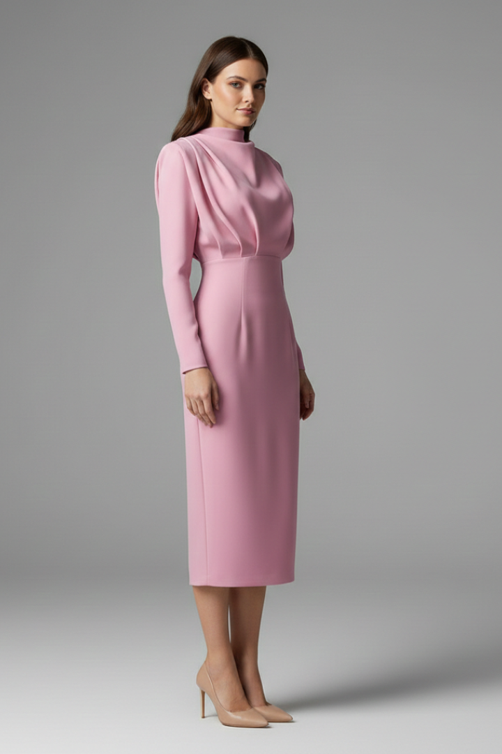 Women's Long Sleeve Dress | High Neckline Midi Draped