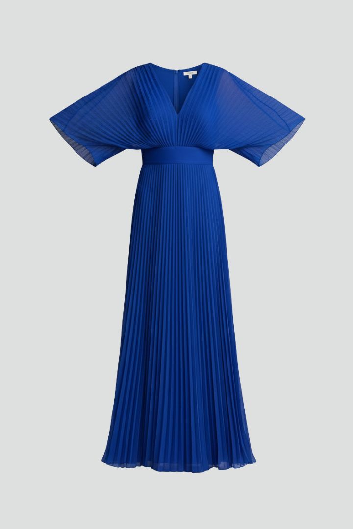 Women's Pleated Maxi Skirt | V-Neckline Cape Sleeve Maxi