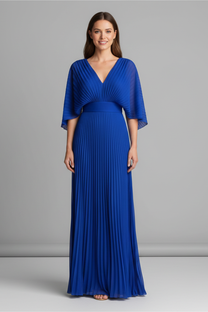 Women's Pleated Maxi Skirt | V-Neckline Cape Sleeve Maxi