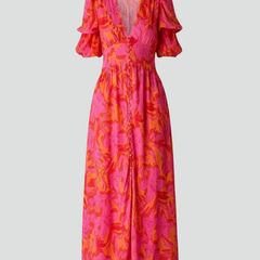 Women's Puff Sleeve Dress | V Neck Maxi Printed