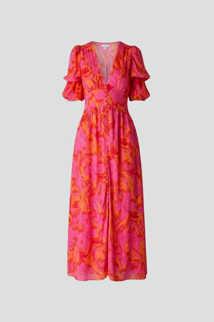 Women's Puff Sleeve Dress | V Neck Maxi Printed