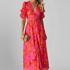 Women's Puff Sleeve Dress | V Neck Maxi Printed