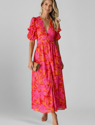 Women's Puff Sleeve Dress | V Neck Maxi Printed