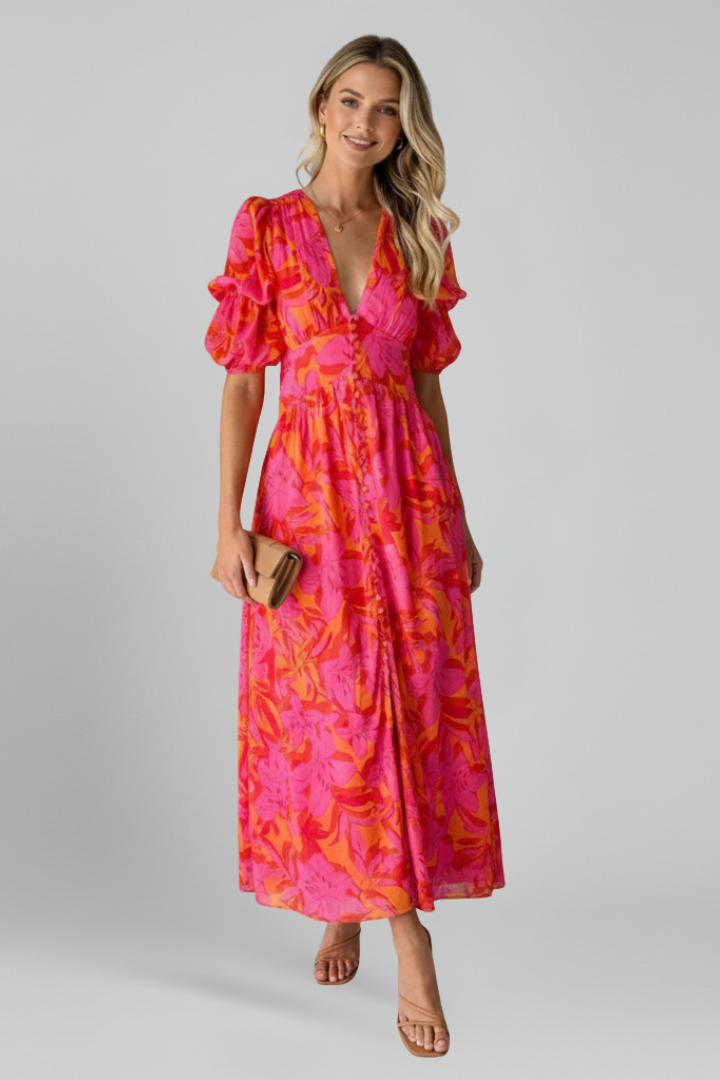 Women's Puff Sleeve Dress | V Neck Maxi Printed
