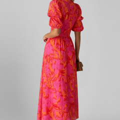 Women's Puff Sleeve Dress | V Neck Maxi Printed