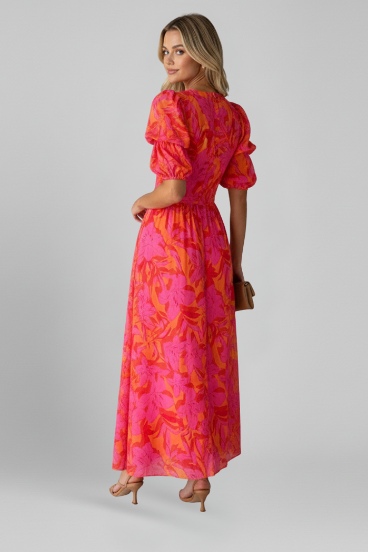 Women's Puff Sleeve Dress | V Neck Maxi Printed
