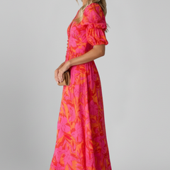 Women's Puff Sleeve Dress | V Neck Maxi Printed