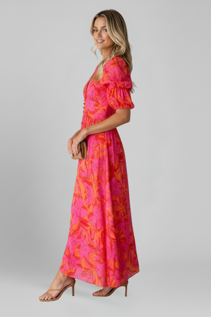 Women's Puff Sleeve Dress | V Neck Maxi Printed