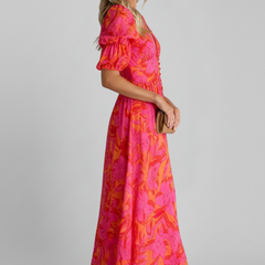 Women's Puff Sleeve Dress | V Neck Maxi Printed