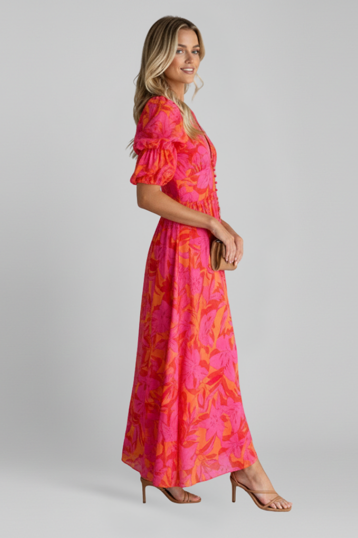 Women's Puff Sleeve Dress | V Neck Maxi Printed