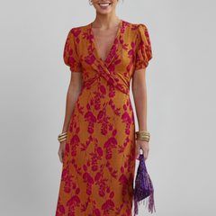 Women's Puff Sleeve Dress | V Neck Maxi Printed