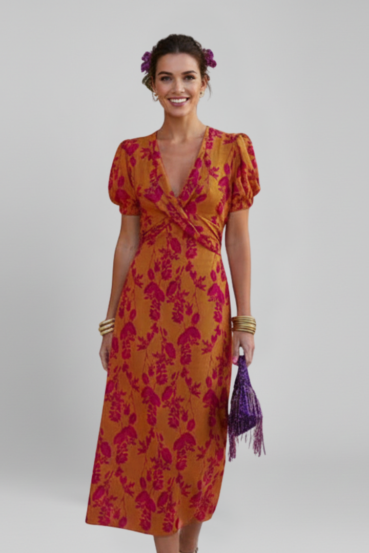 Women's Puff Sleeve Dress | V Neck Maxi Printed