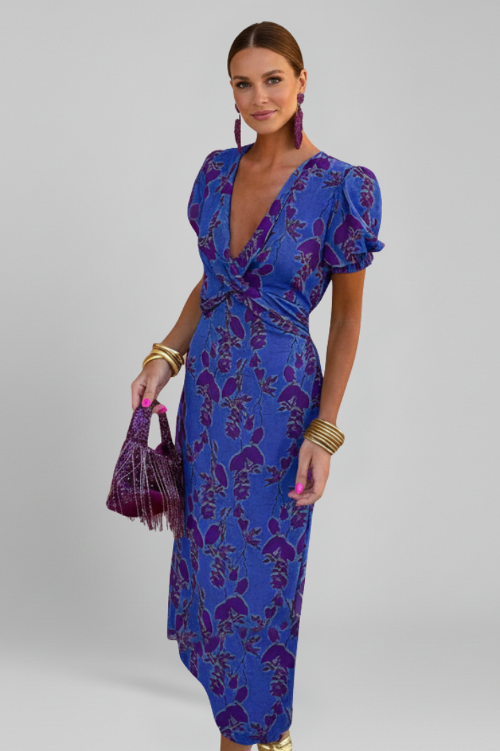 Women's Puff Sleeve Dress | V Neck Maxi Printed