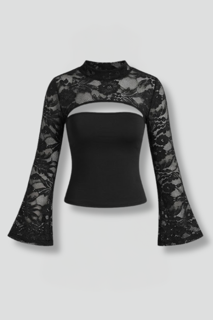 Women's Lace Top | Cut Out Bandeau Mesh Bell Sleeves