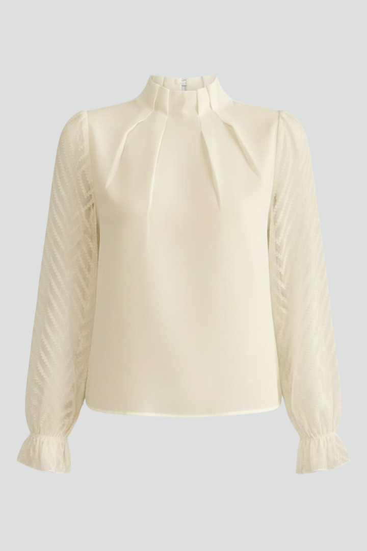 Women's Long Sleeve Top | Pleated Neckline Textured Sleeves Mock Neck