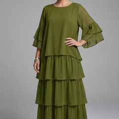 Women's Maxi Skirt | Round Neckline Tiered Layers Flutter Sleeves