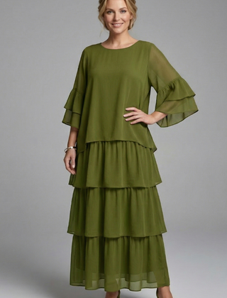 Women's Maxi Skirt | Round Neckline Tiered Layers Flutter Sleeves