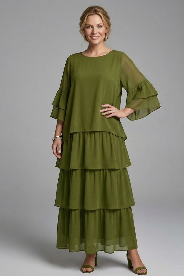 Women's Maxi Skirt | Round Neckline Tiered Layers Flutter Sleeves