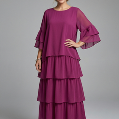 Women's Maxi Skirt | Round Neckline Tiered Layers Flutter Sleeves