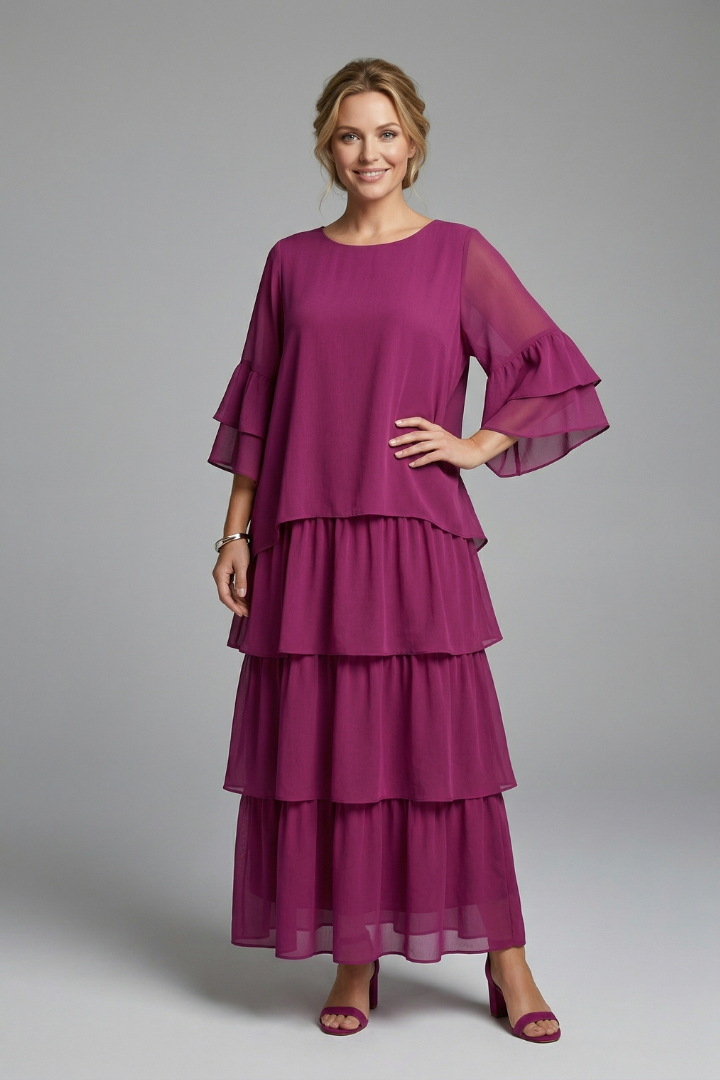 Women's Maxi Skirt | Round Neck Tiered Layers Short Sleeve