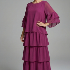 Women's Maxi Skirt | Round Neckline Tiered Layers Flutter Sleeves
