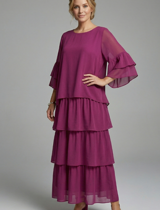 Women's Maxi Skirt | Round Neckline Tiered Layers Flutter Sleeves