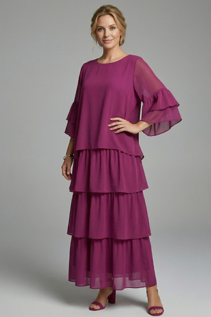 Women's Maxi Skirt | Round Neckline Tiered Layers Flutter Sleeves