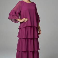Women's Maxi Skirt | Round Neckline Tiered Layers Flutter Sleeves