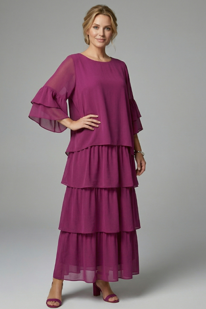 Women's Maxi Skirt | Round Neckline Tiered Layers Flutter Sleeves