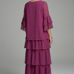 Women's Maxi Skirt | Round Neckline Tiered Layers Flutter Sleeves