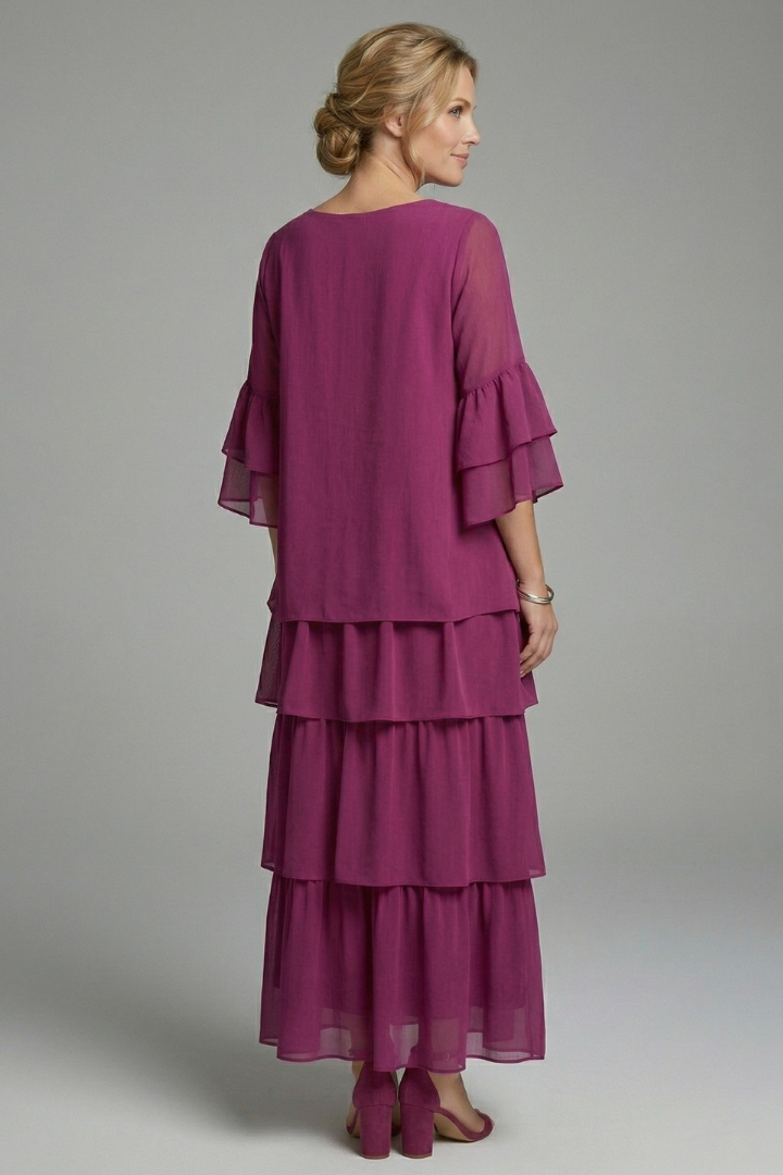 Women's Maxi Skirt | Round Neckline Tiered Layers Flutter Sleeves