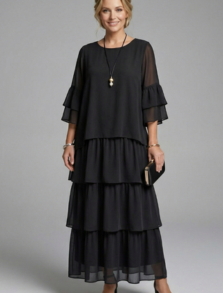 Women's Maxi Skirt | Round Neckline Tiered Layers Flutter Sleeves
