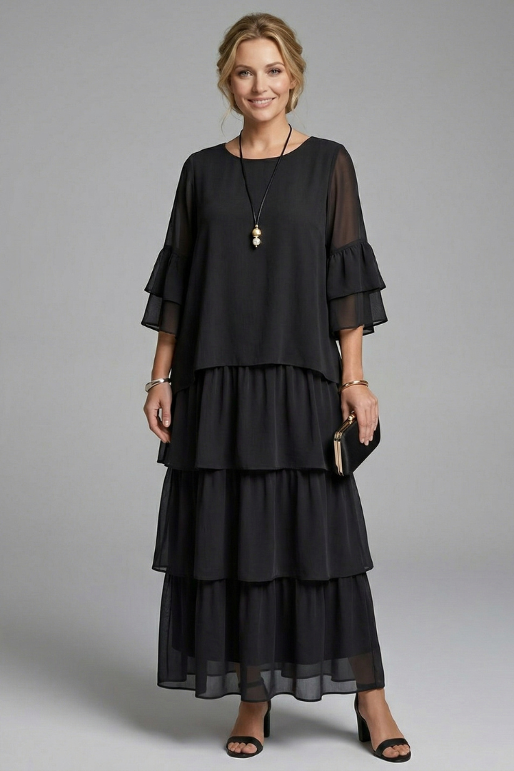 Women's Maxi Skirt | Round Neckline Tiered Layers Flutter Sleeves