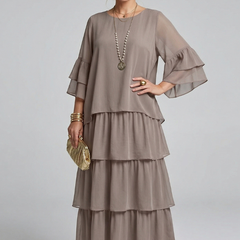 Women's Maxi Skirt | Round Neckline Tiered Layers Flutter Sleeves