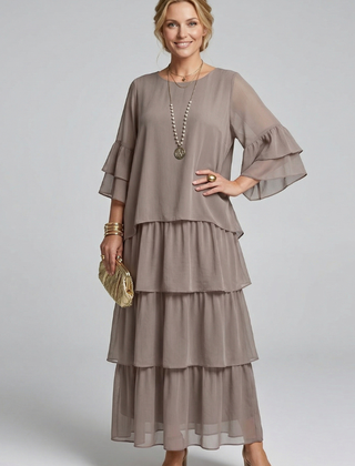 Women's Maxi Skirt | Round Neckline Tiered Layers Flutter Sleeves