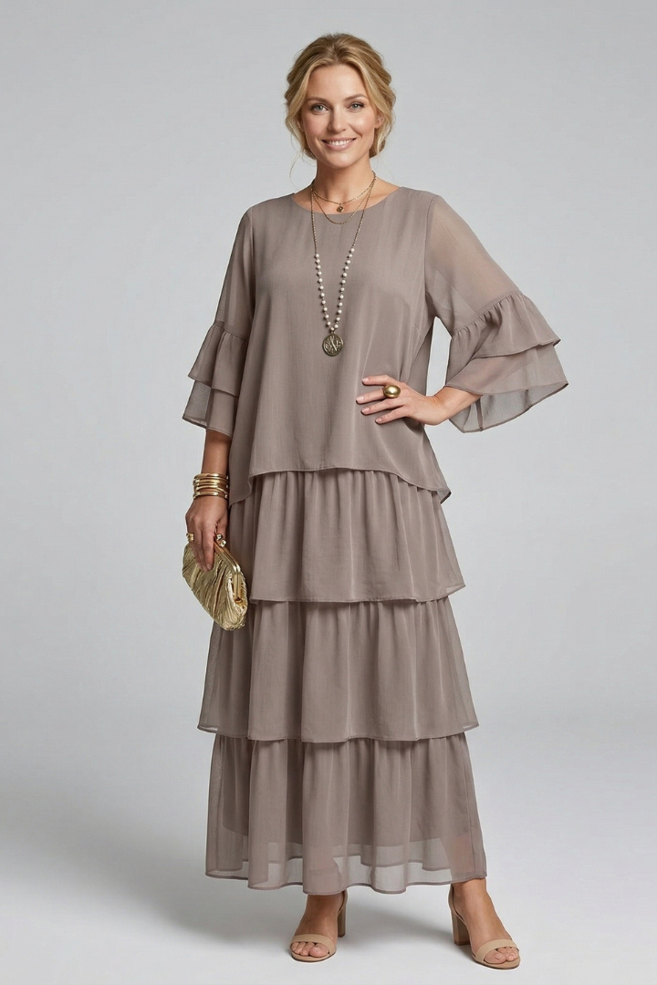 Women's Maxi Skirt | Round Neckline Tiered Layers Flutter Sleeves